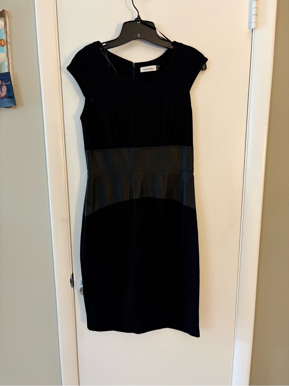 Calvin Klein Black Faux-Leather Waist Sheath Midi Dress